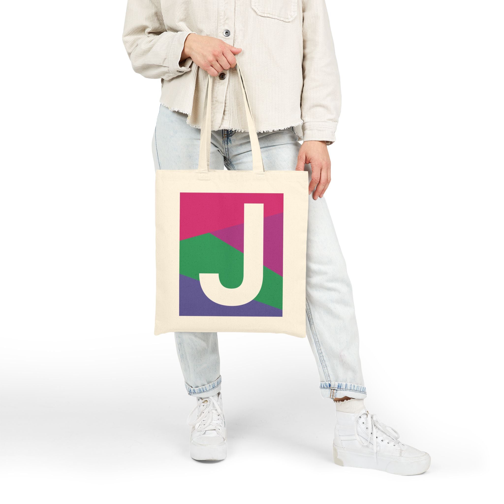 Initial J Colorblock Canvas Tote Bag — Monogram Letter J Reusable Grocery Tote