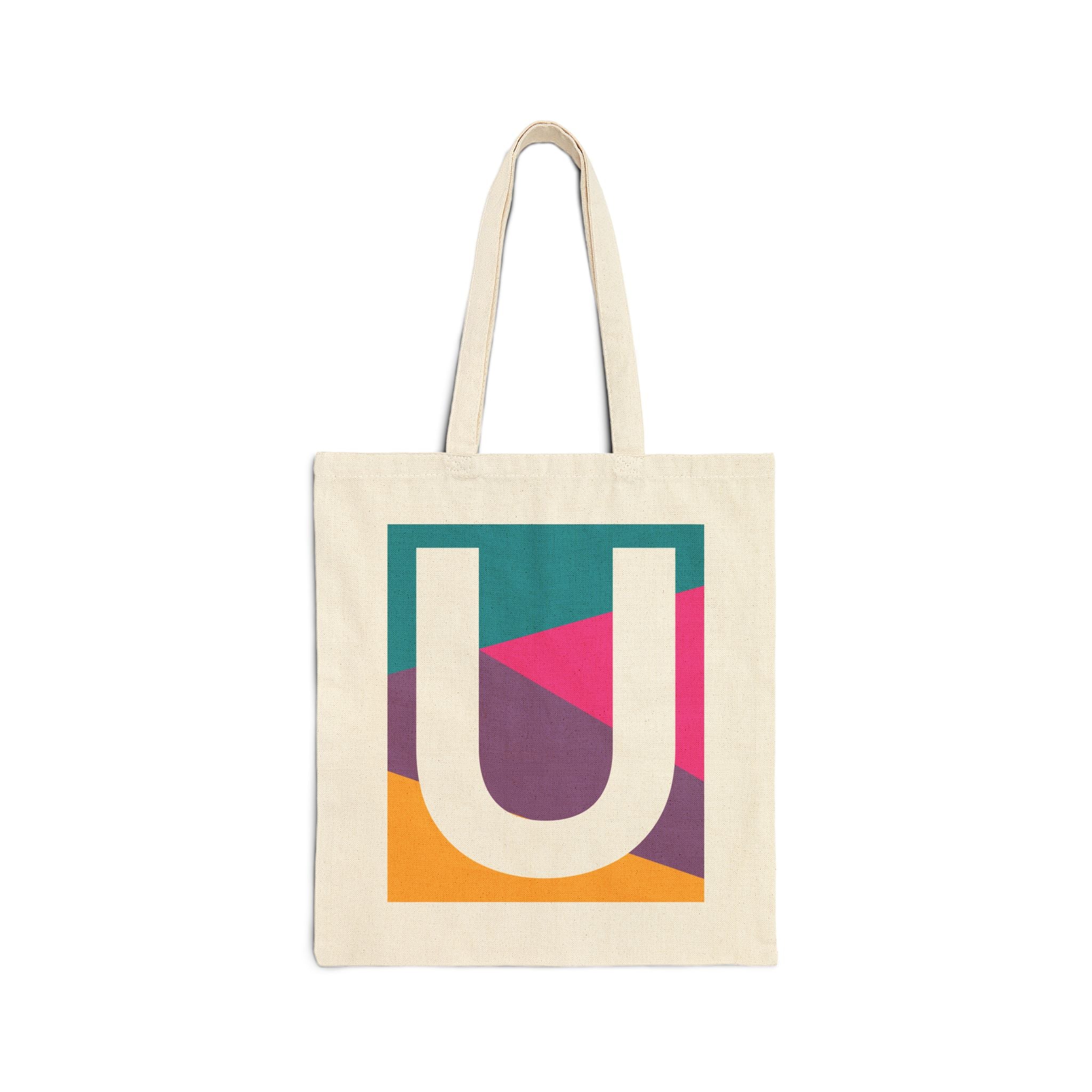 Initial U Colorblock Canvas Tote Bag — Monogram Letter U Reusable Grocery Tote