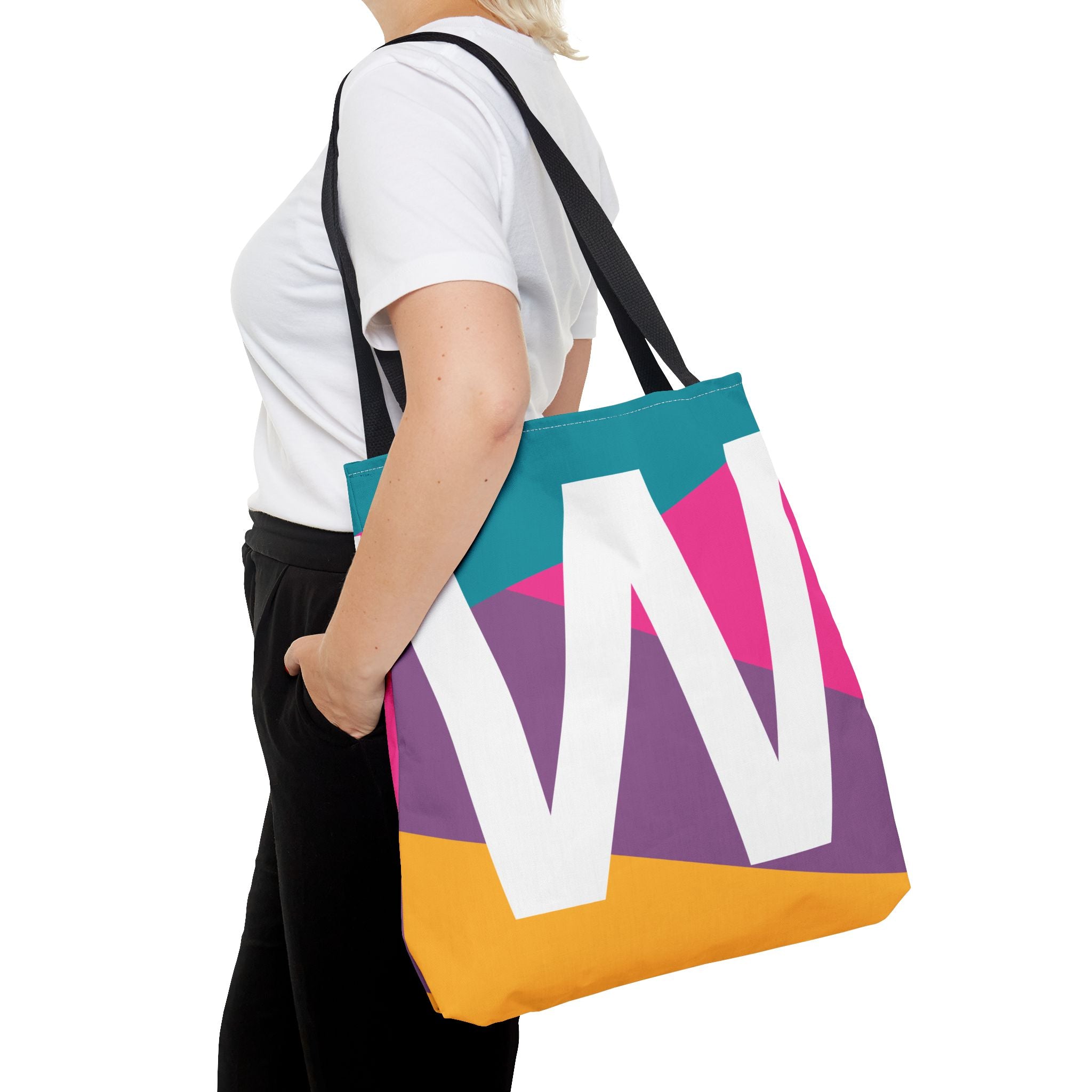 Monogram 'W' Colorblock Tote Bag — Personalized Initial W Shoulder Tote