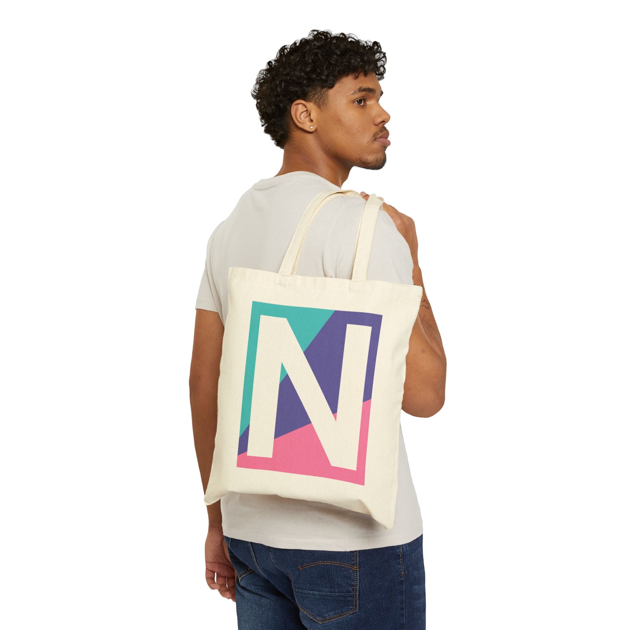 Initial N Colorblock Canvas Tote Bag — Monogram Letter N Reusable Grocery Tote
