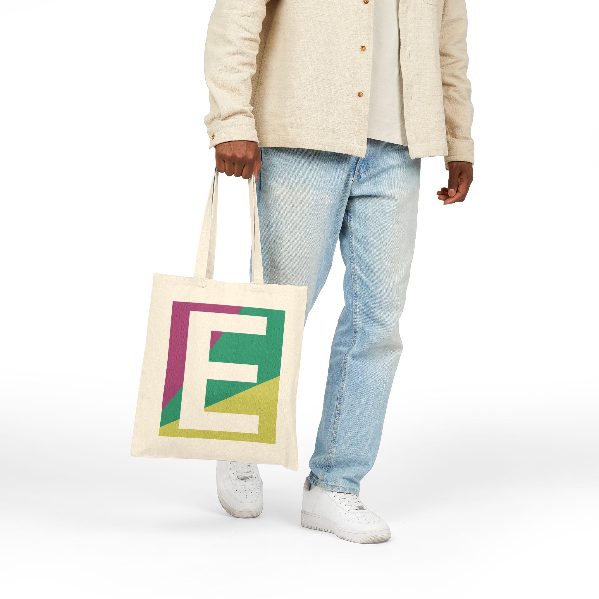 Initial E Colorblock Canvas Tote Bag — Monogram Letter E Reusable Grocery Tote