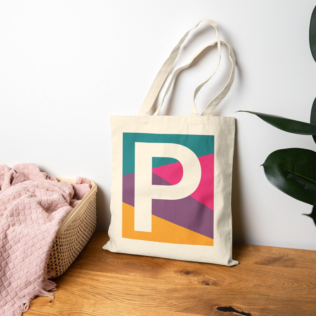 Initial P Colorblock Canvas Tote Bag — Monogram Letter P Reusable Grocery Tote