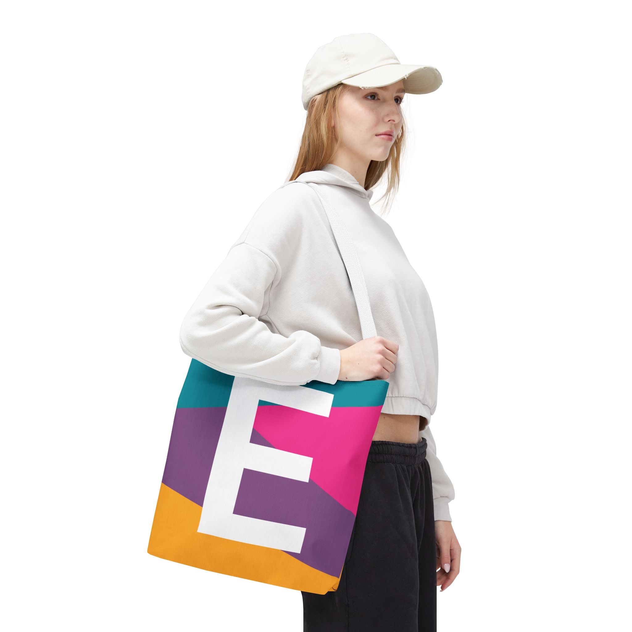 Monogram 'E' Colorblock Tote Bag — Personalized Initial E Shoulder Tote