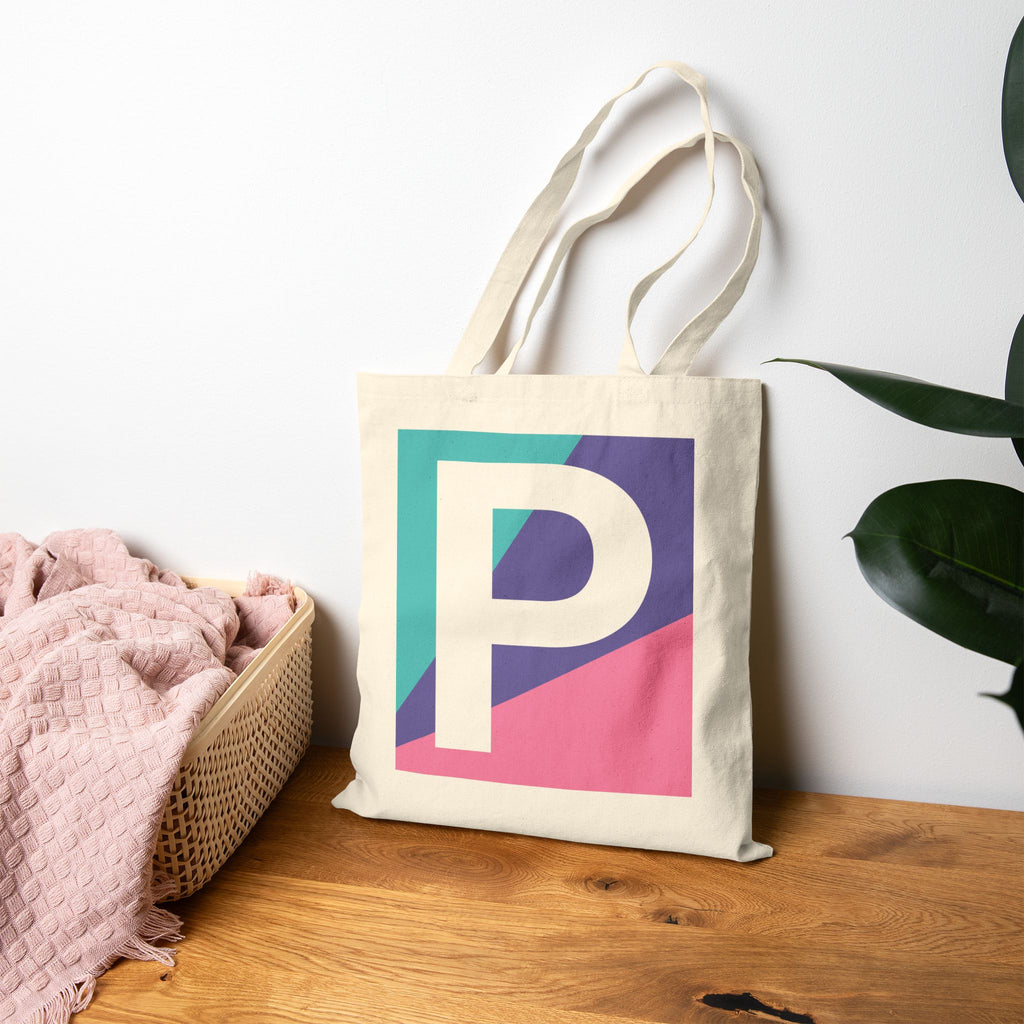 Initial P Colorblock Canvas Tote Bag — Monogram Letter P Reusable Grocery Tote