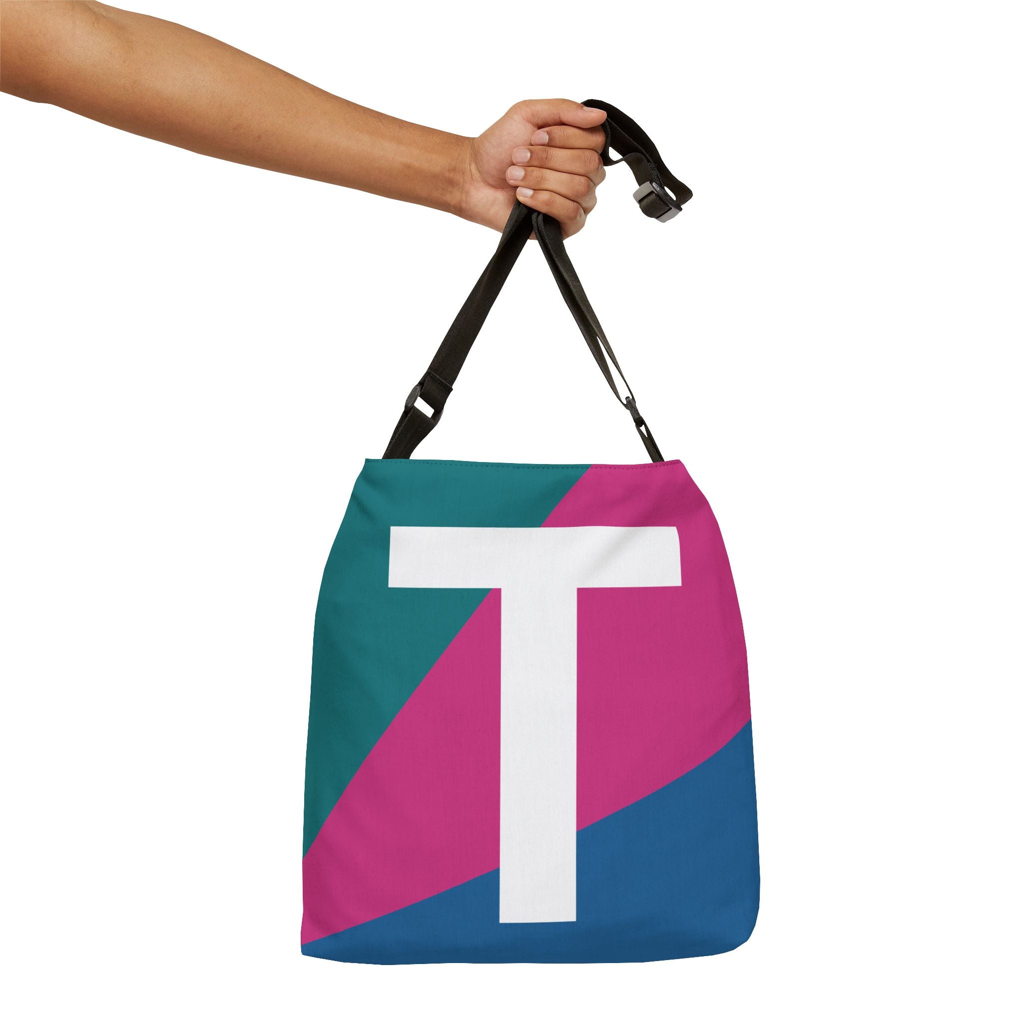 Initial Letter 'T' Colorblock Adjustable Tote Bag — Monogram Alphabet Shoulder Bag