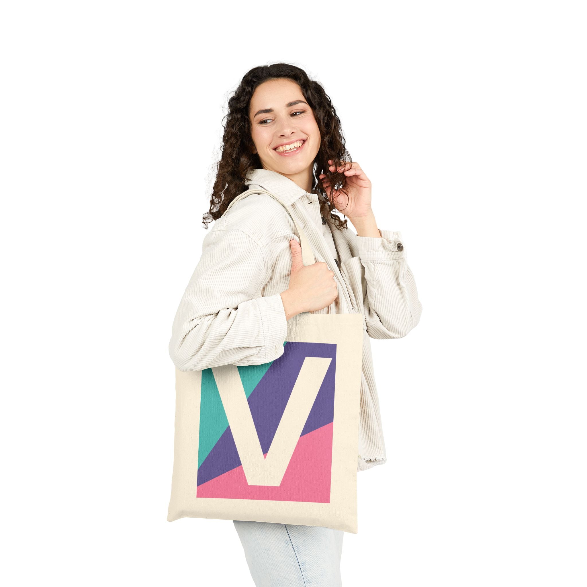 Initial V Colorblock Canvas Tote Bag — Monogram Letter V Reusable Grocery Tote