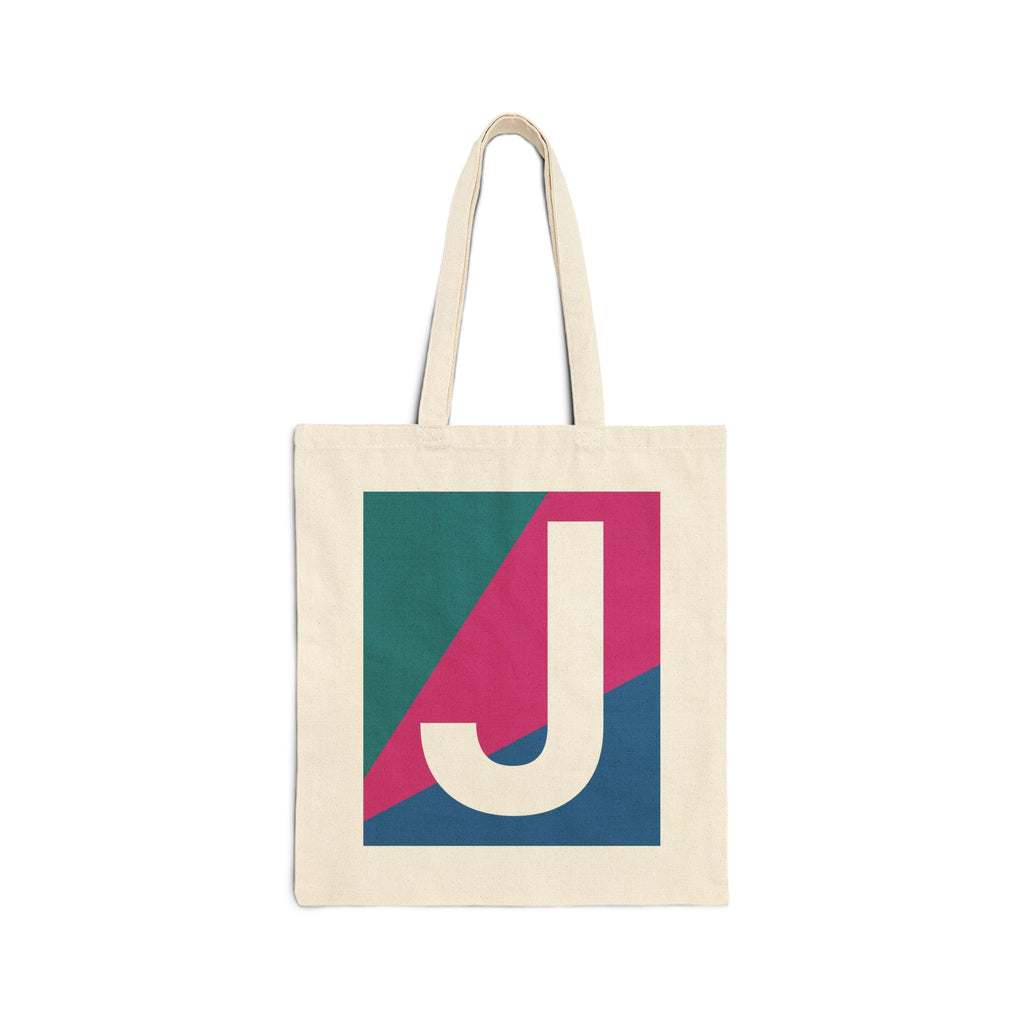 Initial J Colorblock Canvas Tote Bag — Monogram Letter J Reusable Grocery Tote