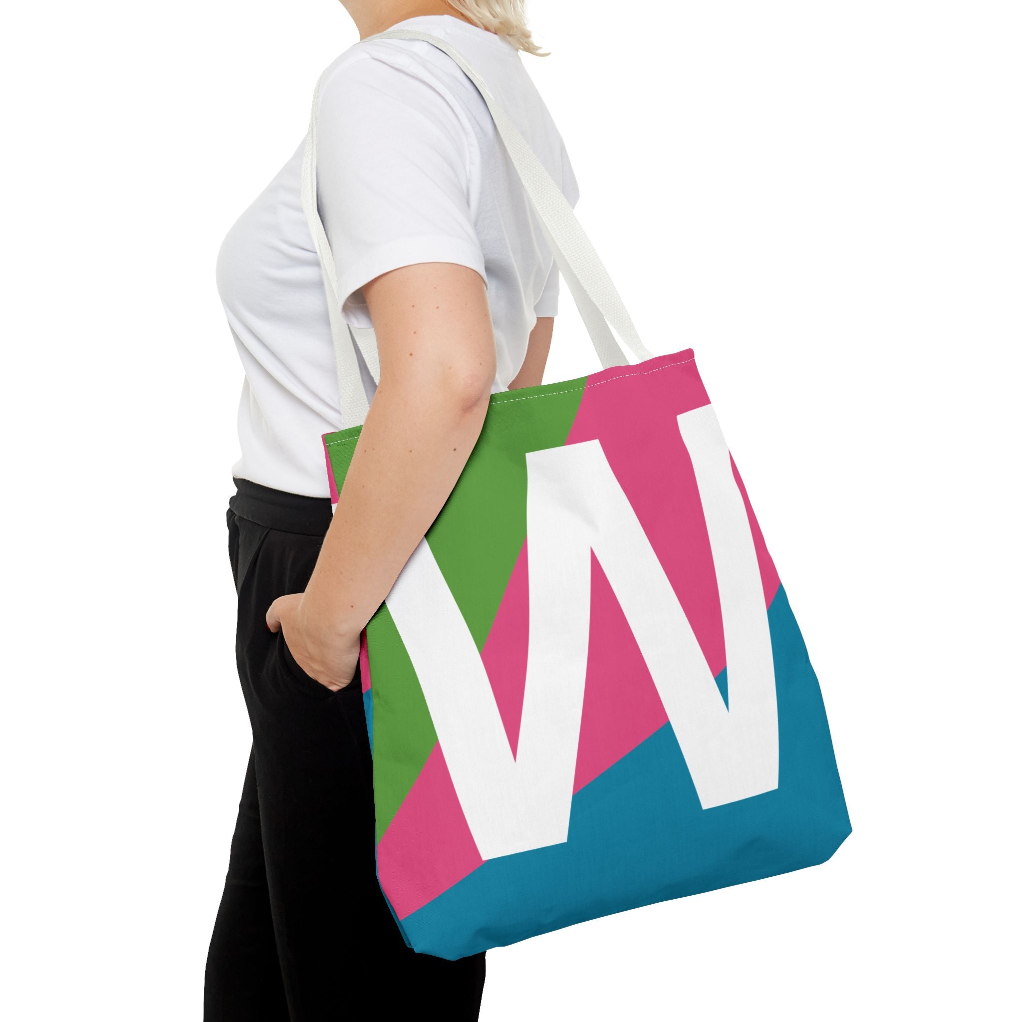 Monogram 'W' Colorblock Tote Bag — Personalized Initial W Shoulder Tote