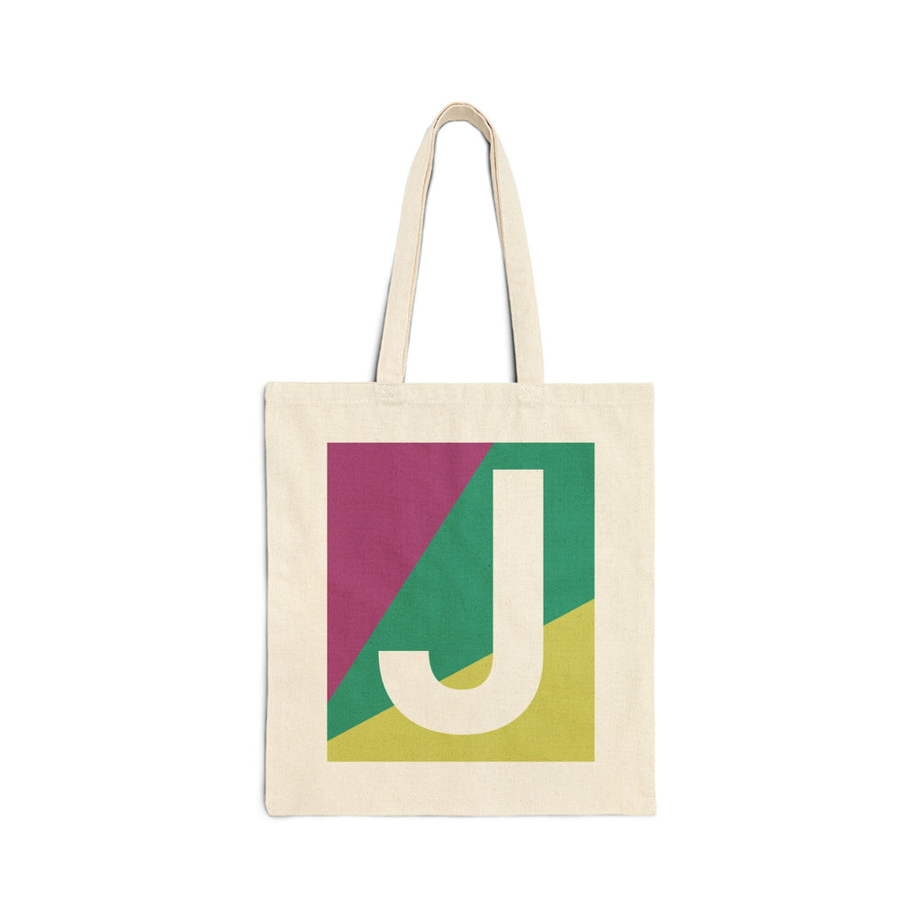 Initial J Colorblock Canvas Tote Bag — Monogram Letter J Reusable Grocery Tote