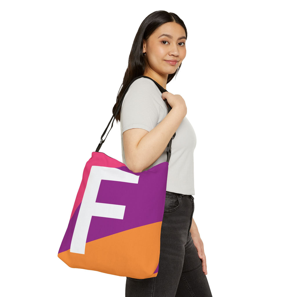 Initial Letter 'F' Colorblock Adjustable Tote Bag — Monogram Alphabet Shoulder Bag