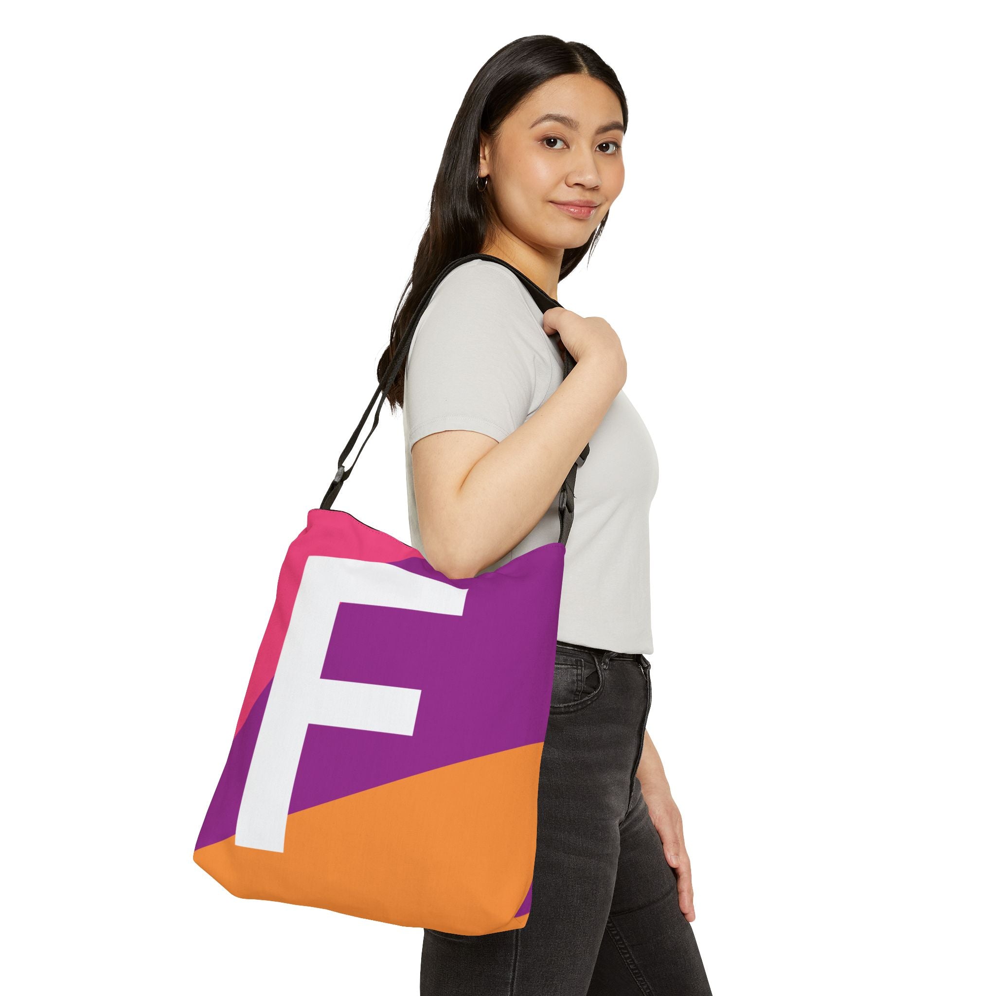 Initial Letter 'F' Colorblock Adjustable Tote Bag — Monogram Alphabet Shoulder Bag