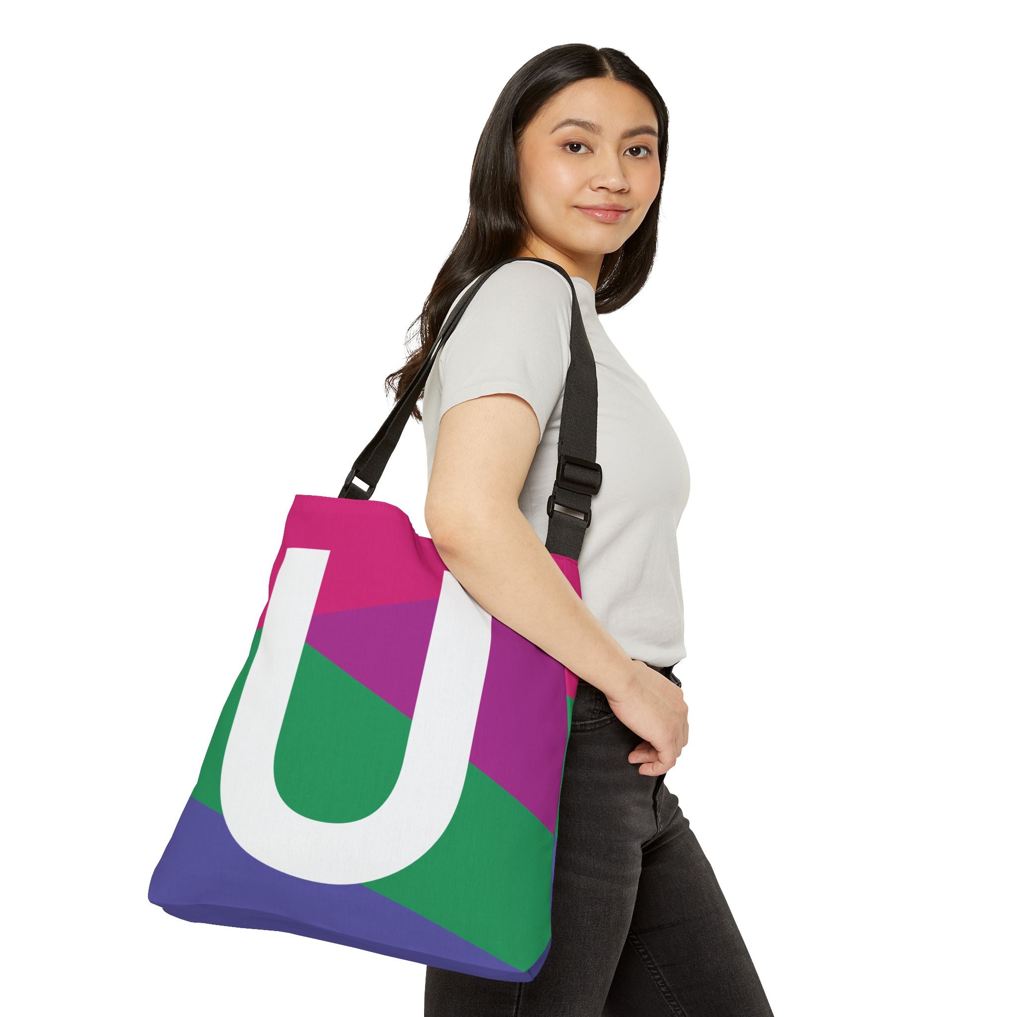 Initial Letter 'U' Colorblock Adjustable Tote Bag — Monogram Alphabet Shoulder Bag