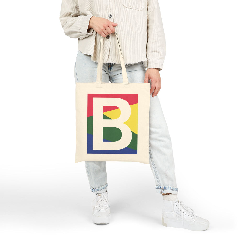 Initial B Colorblock Canvas Tote Bag — Monogram Letter B Reusable Grocery Tote