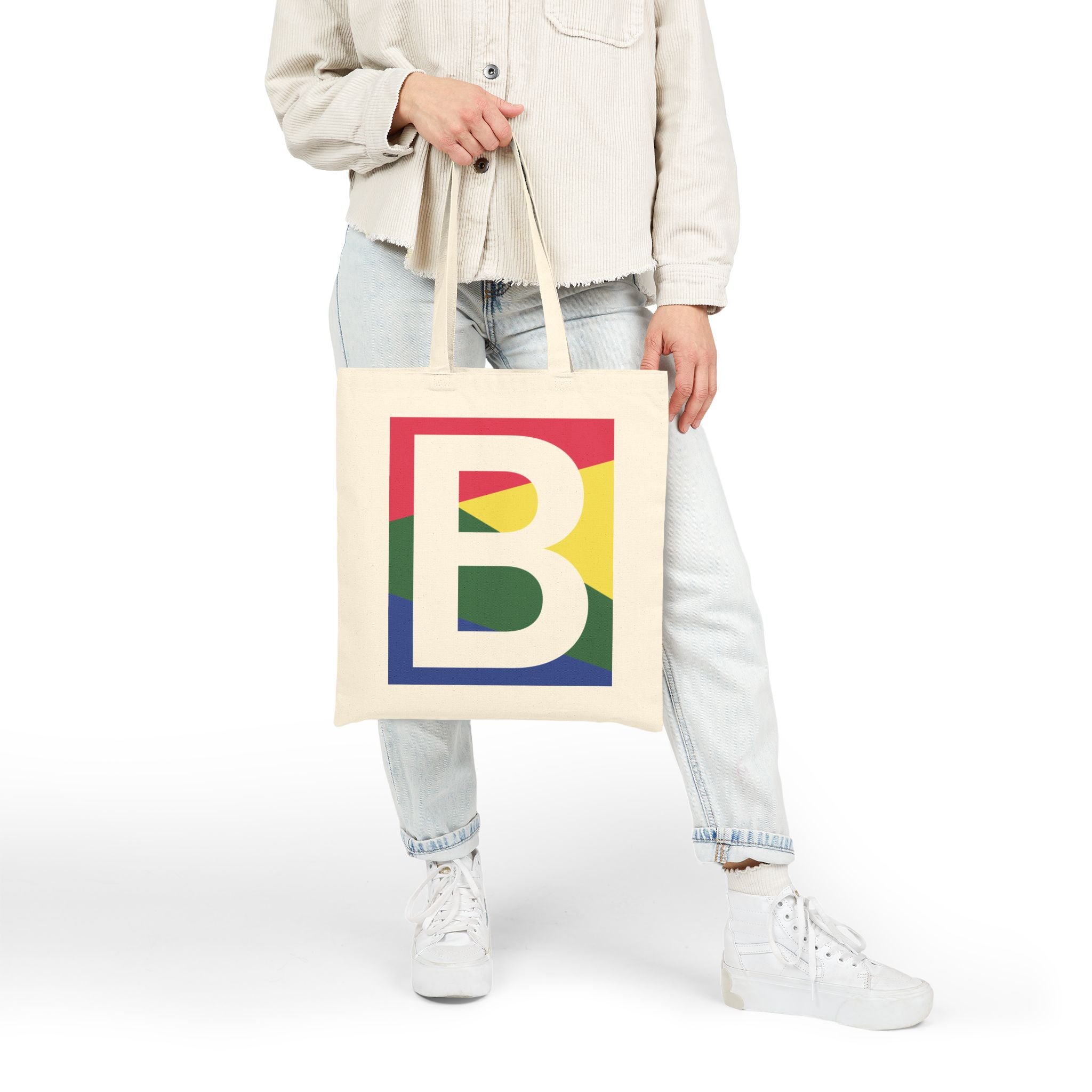 Initial B Colorblock Canvas Tote Bag — Monogram Letter B Reusable Grocery Tote