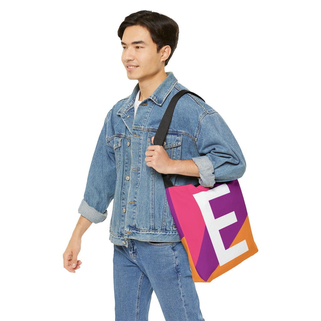 Initial Letter 'E' Colorblock Adjustable Tote Bag — Monogram Alphabet Shoulder Bag