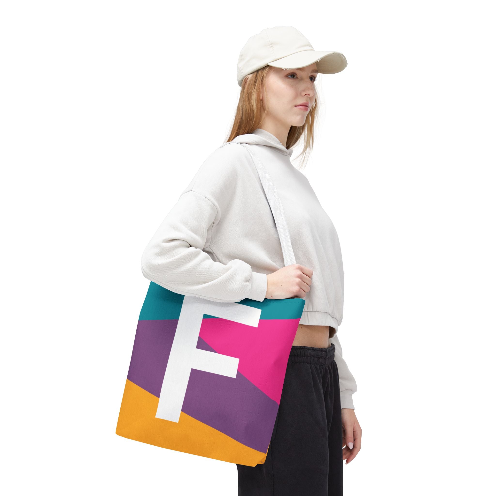 Monogram 'F' Colorblock Tote Bag — Personalized Initial F Shoulder Tote