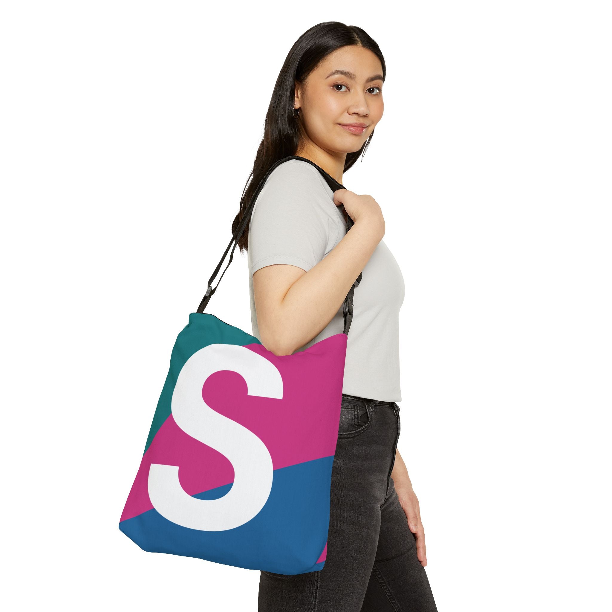 Initial Letter 'S' Colorblock Adjustable Tote Bag — Monogram Alphabet Shoulder Bag