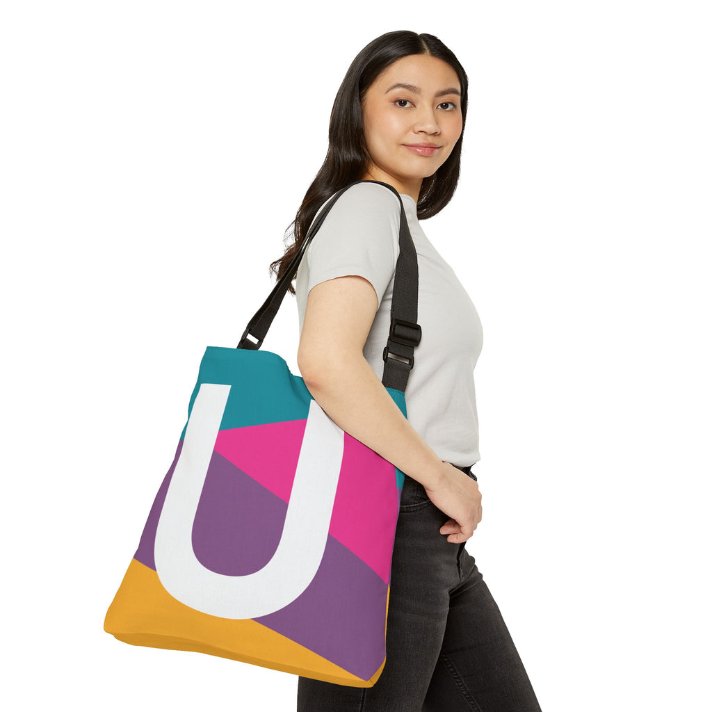 Initial Letter 'U' Colorblock Adjustable Tote Bag — Monogram Alphabet Shoulder Bag