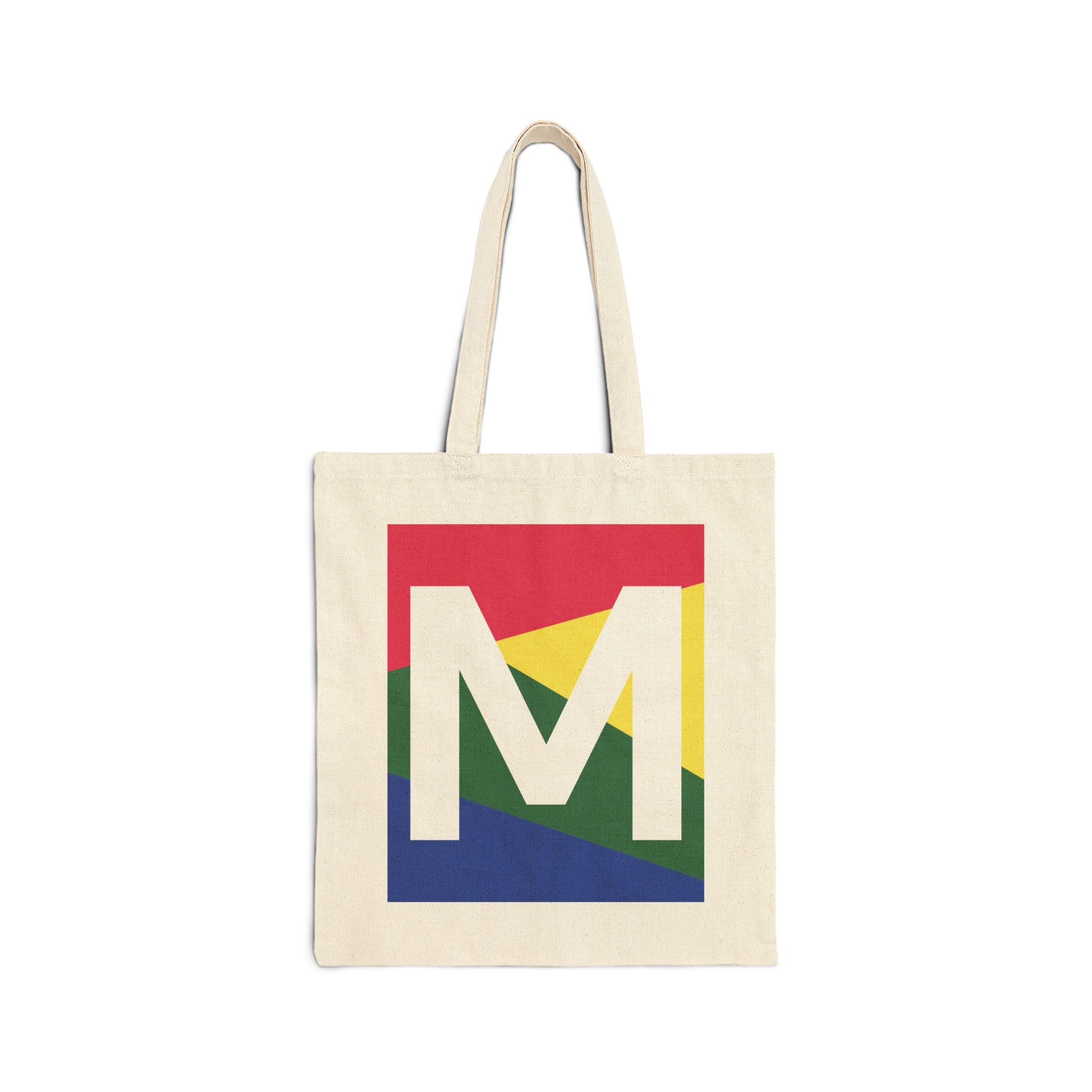 Initial M Colorblock Canvas Tote Bag — Monogram Letter M Reusable Grocery Tote