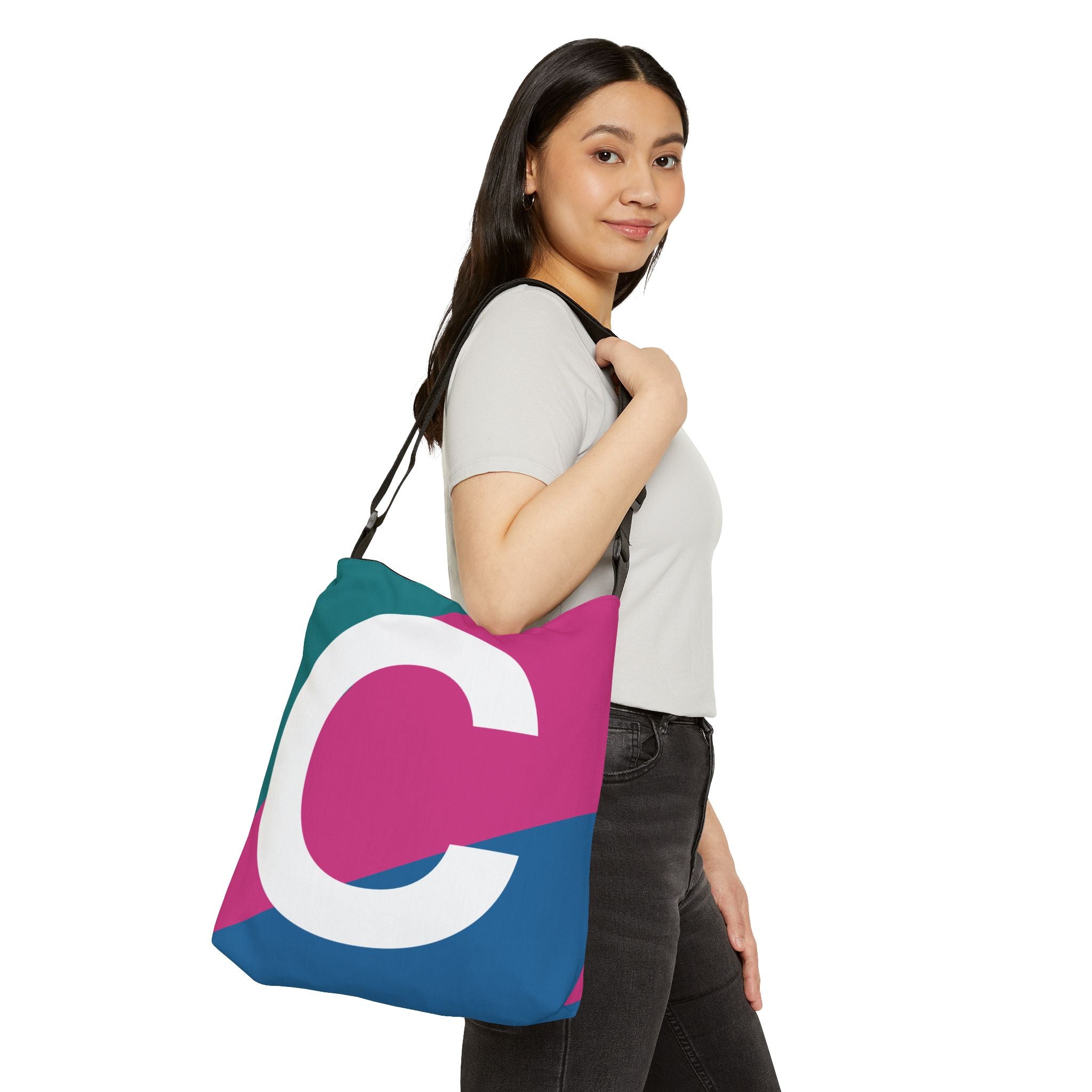 Initial Letter 'C' Colorblock Adjustable Tote Bag — Monogram Alphabet Shoulder Bag