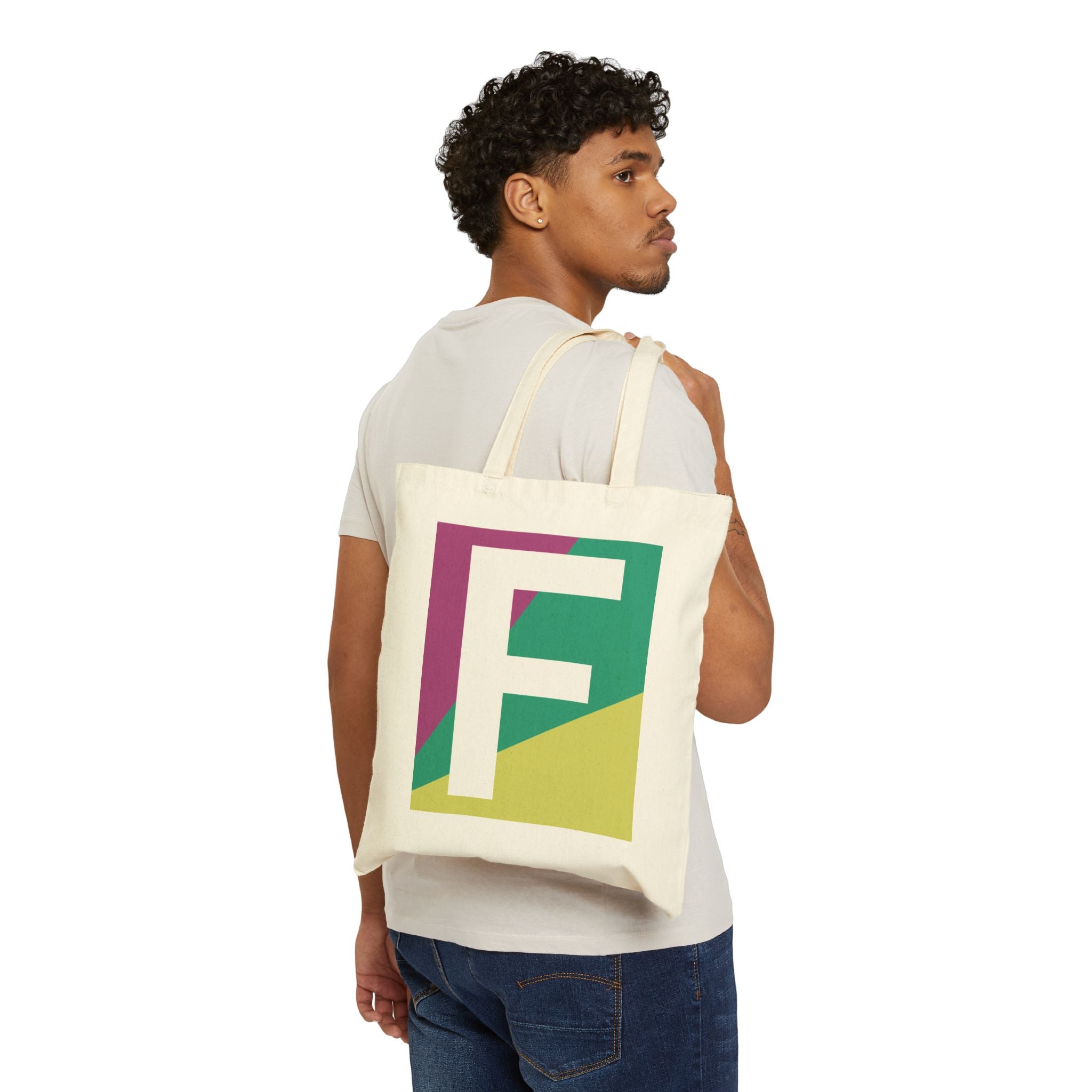 Initial F Colorblock Canvas Tote Bag — Monogram Letter F Reusable Grocery Tote