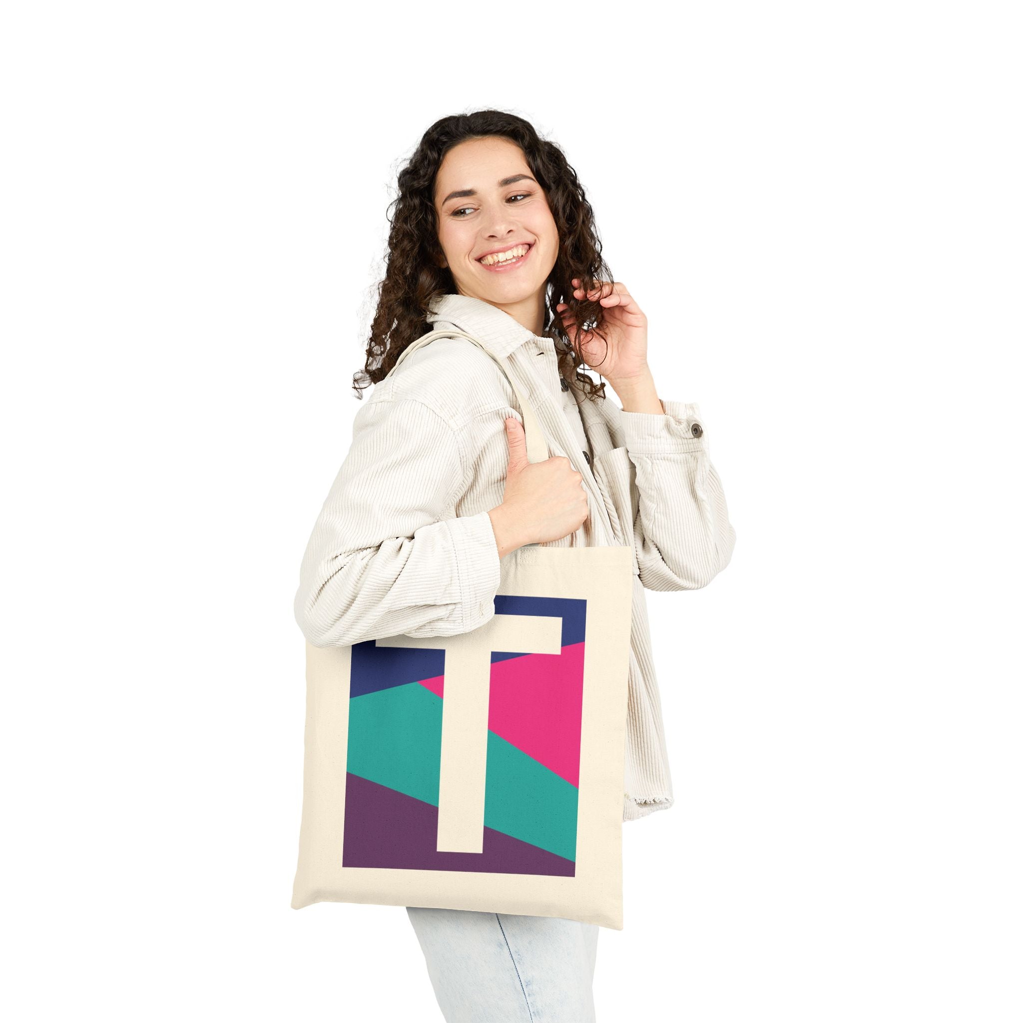Initial T Colorblock Canvas Tote Bag — Monogram Letter T Reusable Grocery Tote