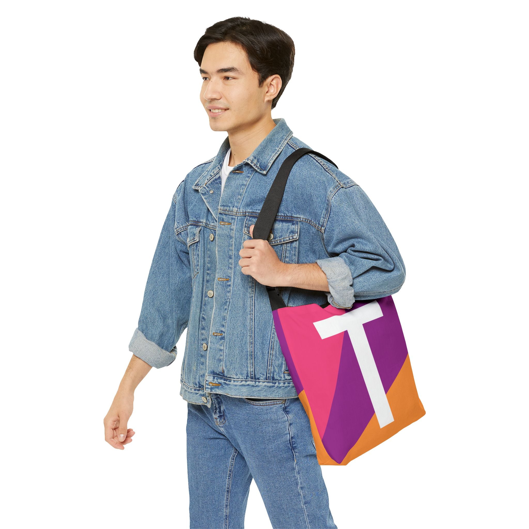 Initial Letter 'T' Colorblock Adjustable Tote Bag — Monogram Alphabet Shoulder Bag