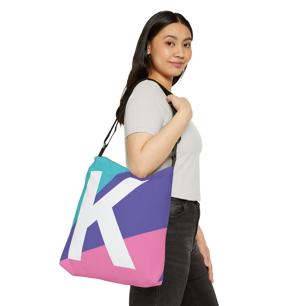 Initial Letter 'K' Colorblock Adjustable Tote Bag — Monogram Alphabet Shoulder Bag