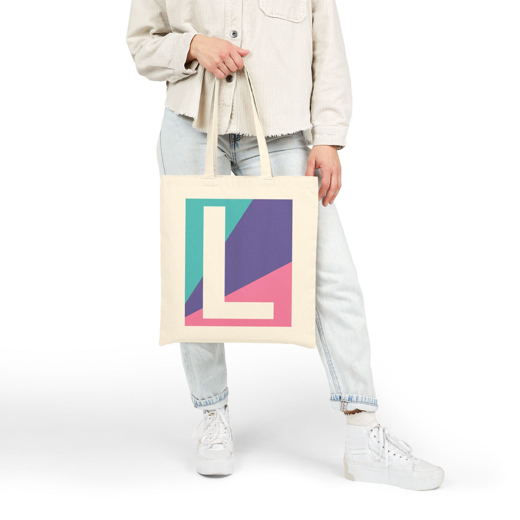 Initial L Colorblock Canvas Tote Bag — Monogram Letter L Reusable Grocery Tote