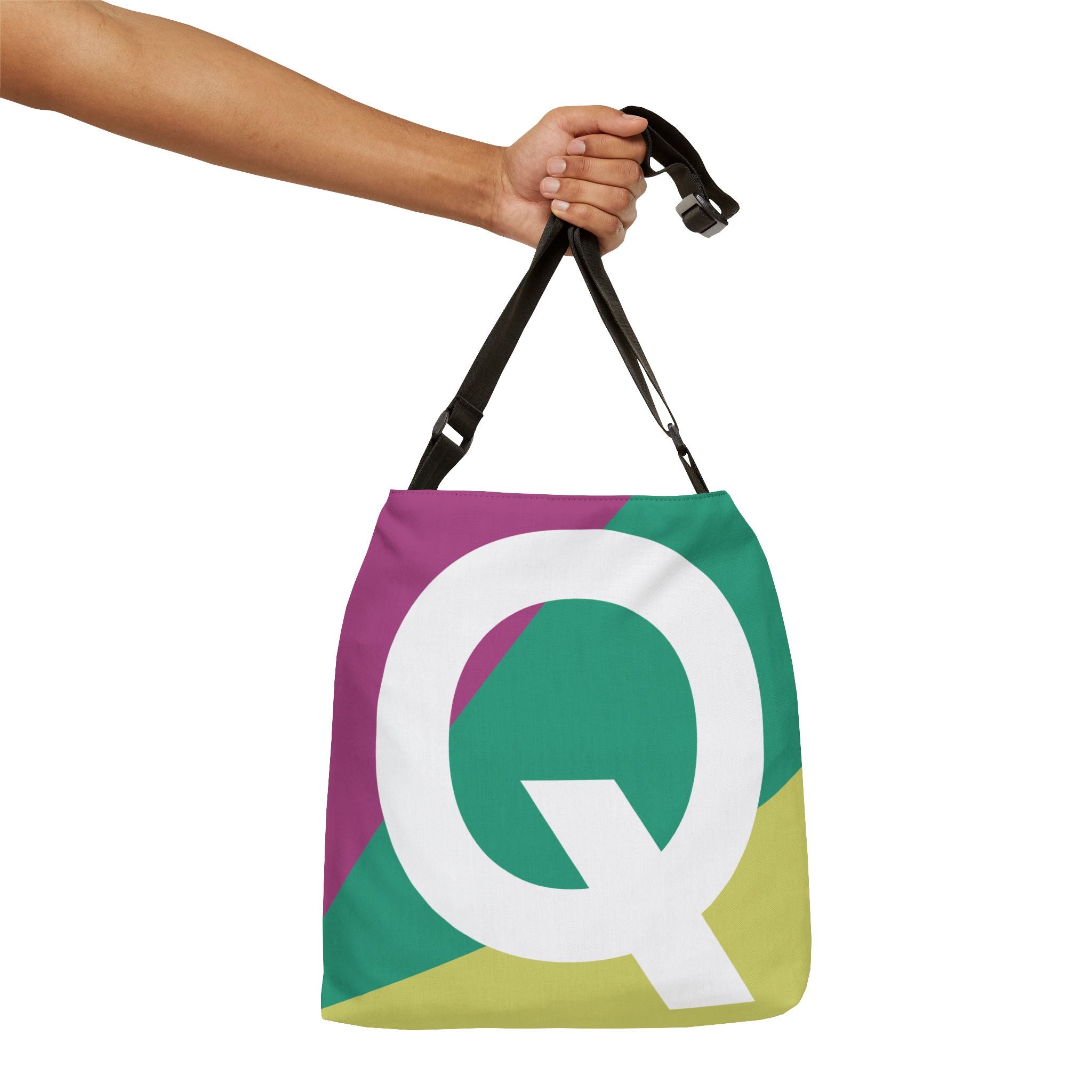 Initial Letter 'Q' Colorblock Adjustable Tote Bag — Monogram Alphabet Shoulder Bag