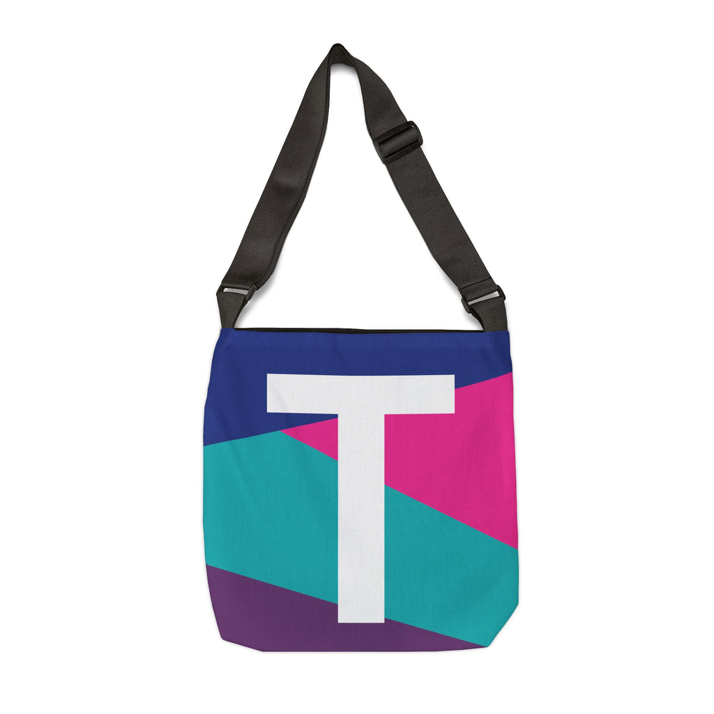 Initial Letter 'T' Colorblock Adjustable Tote Bag — Monogram Alphabet Shoulder Bag
