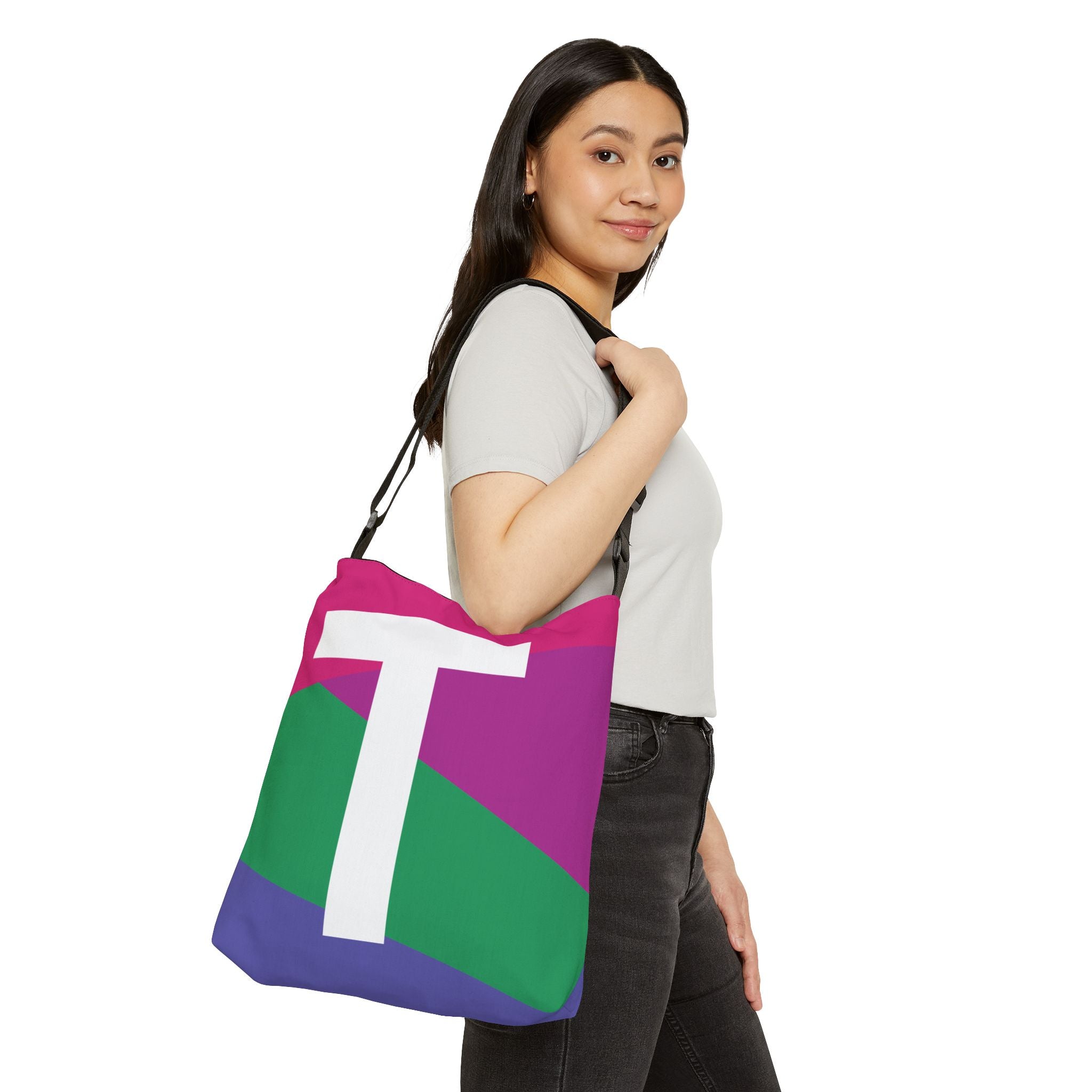 Initial Letter 'T' Colorblock Adjustable Tote Bag — Monogram Alphabet Shoulder Bag