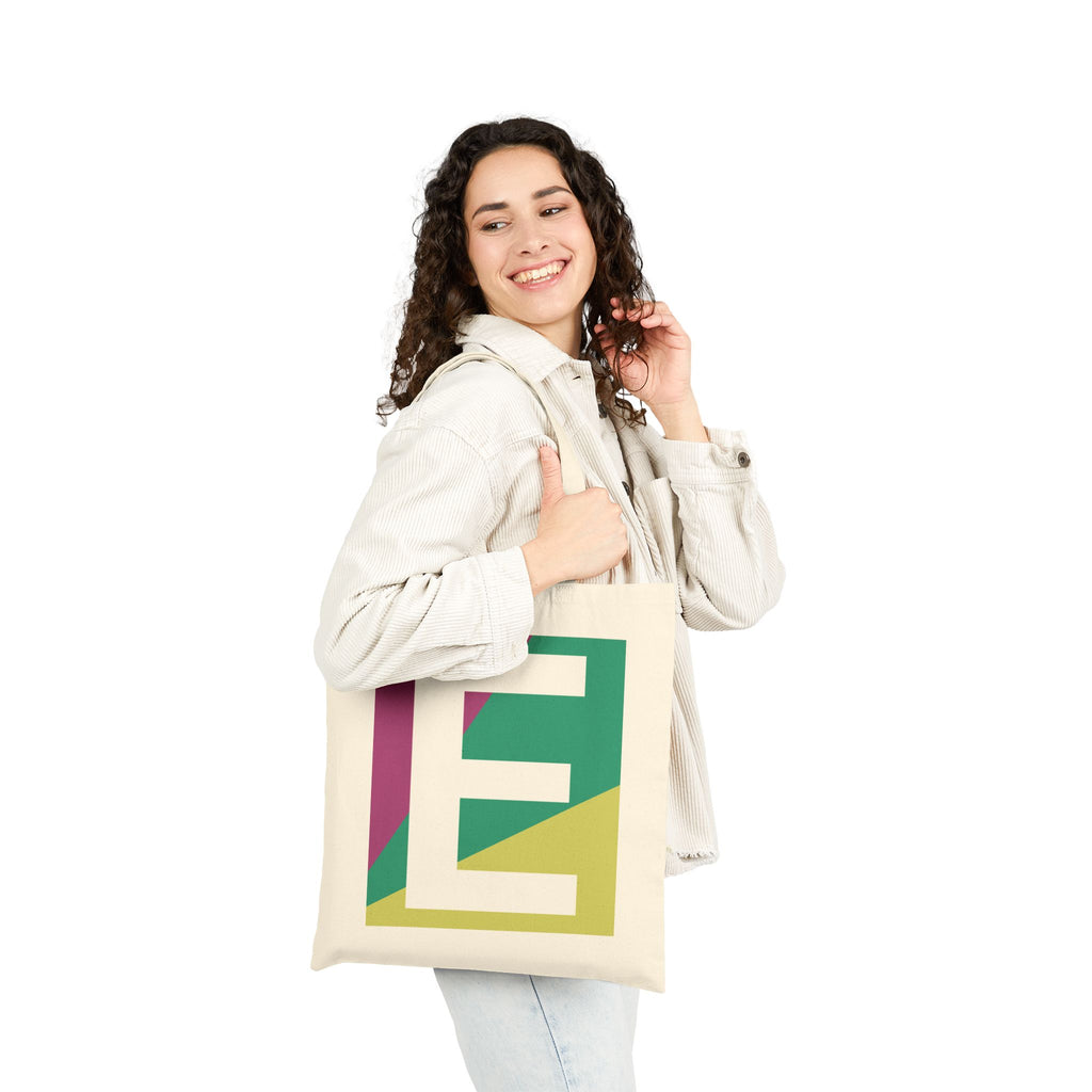 Initial E Colorblock Canvas Tote Bag — Monogram Letter E Reusable Grocery Tote