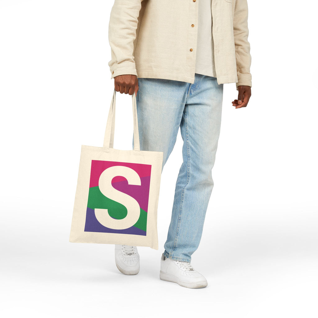 Initial S Colorblock Canvas Tote Bag — Monogram Letter S Reusable Grocery Tote