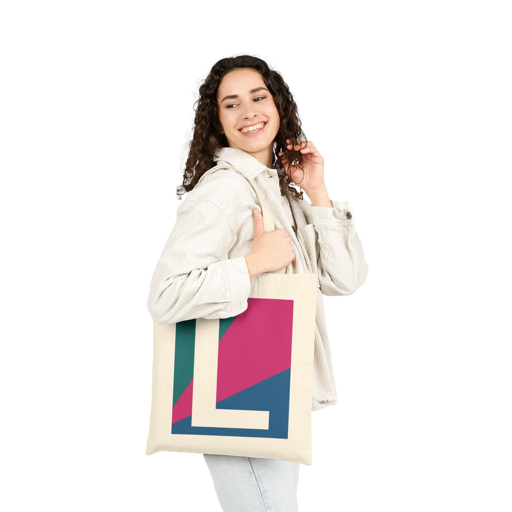 Initial L Colorblock Canvas Tote Bag — Monogram Letter L Reusable Grocery Tote