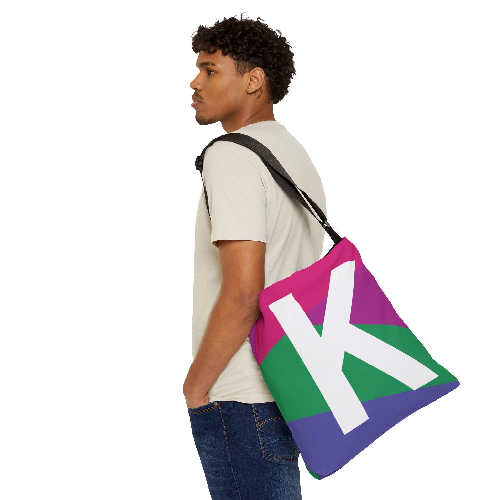 Initial Letter 'K' Colorblock Adjustable Tote Bag — Monogram Alphabet Shoulder Bag