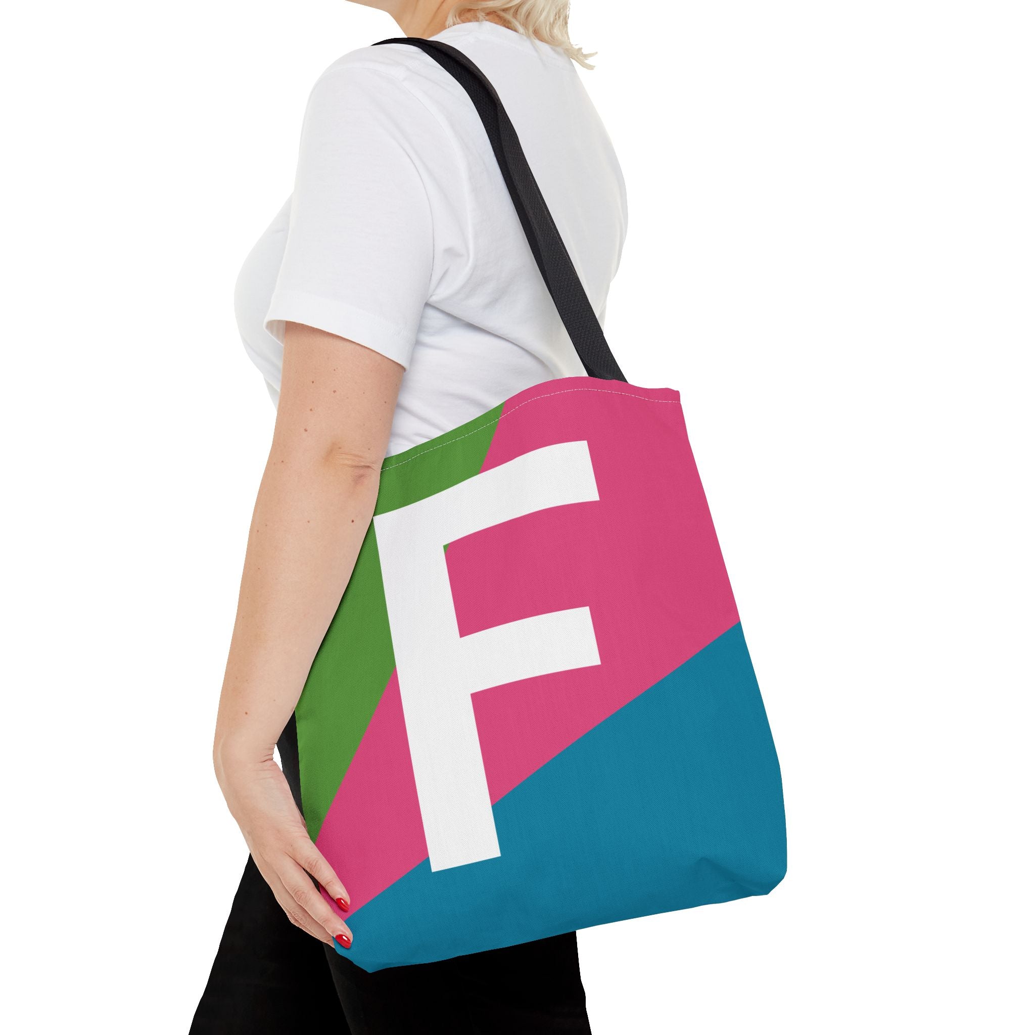 Monogram 'F' Colorblock Tote Bag — Personalized Initial F Shoulder Tote
