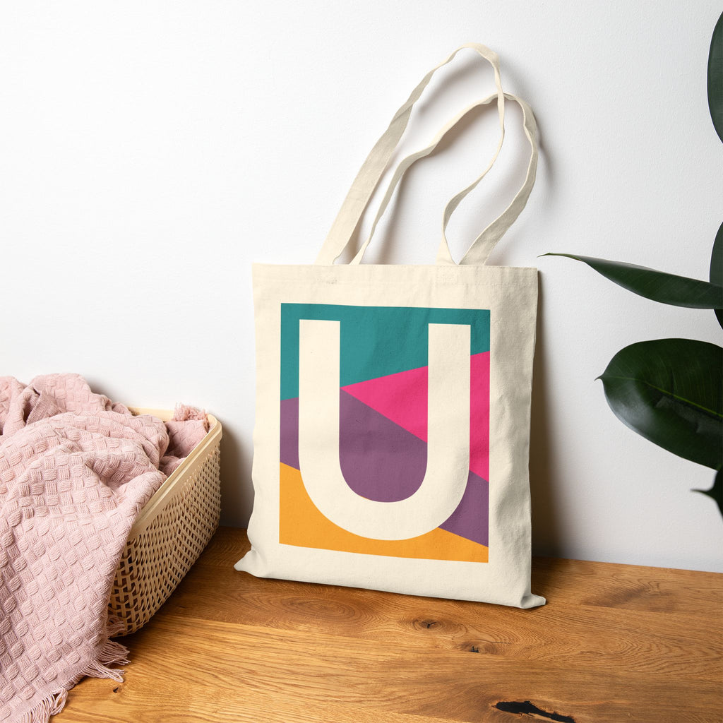 Initial U Colorblock Canvas Tote Bag — Monogram Letter U Reusable Grocery Tote