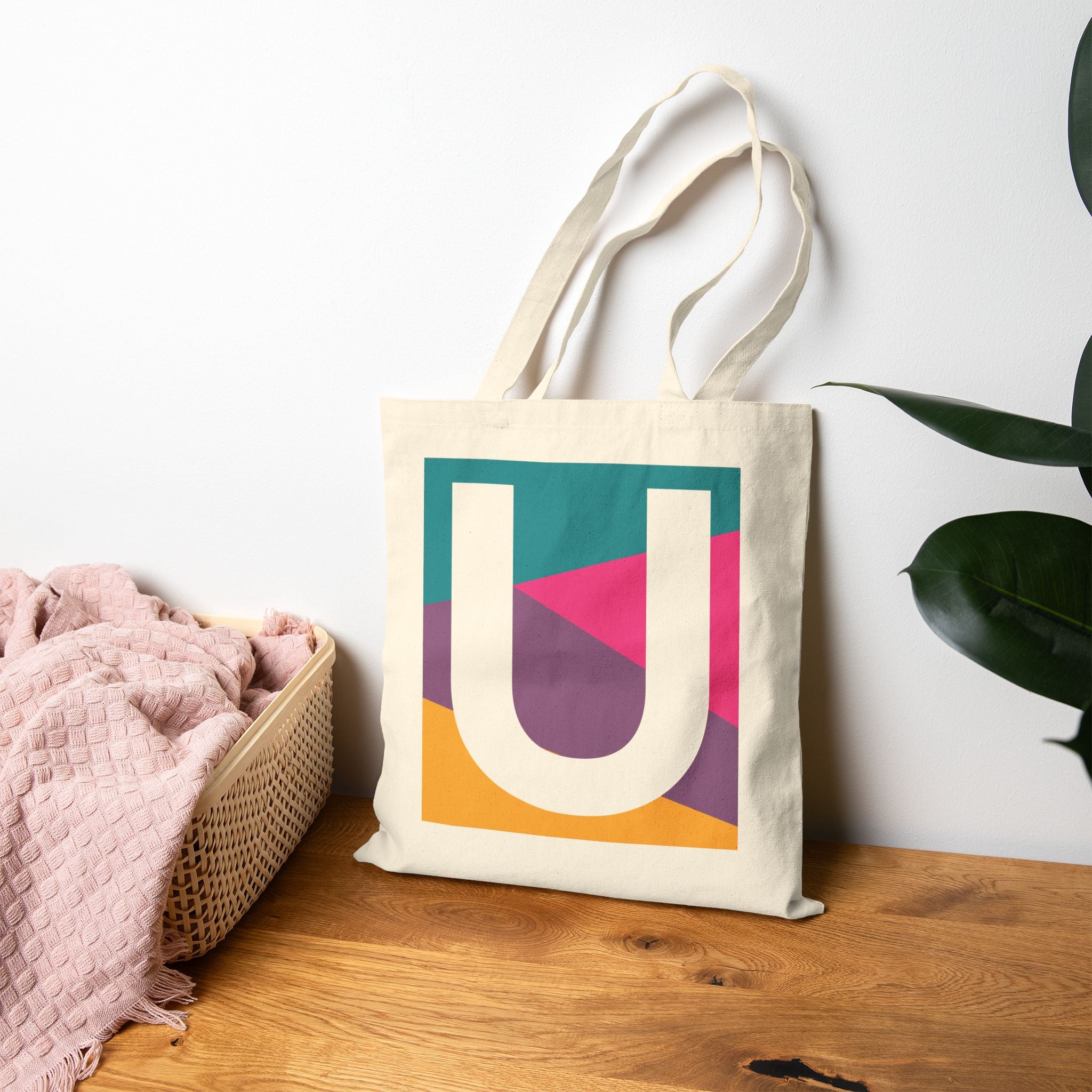 Initial U Colorblock Canvas Tote Bag — Monogram Letter U Reusable Grocery Tote