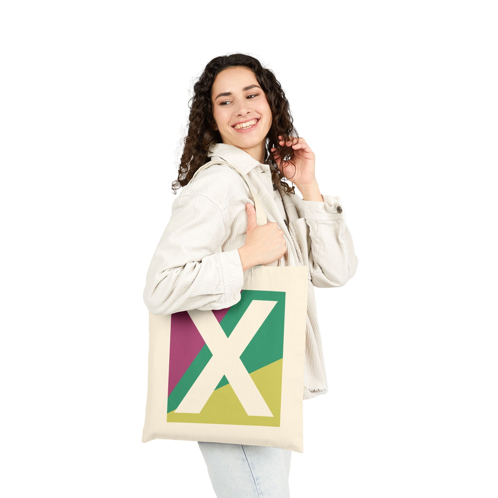 Initial X Colorblock Canvas Tote Bag — Monogram Letter X Reusable Grocery Tote