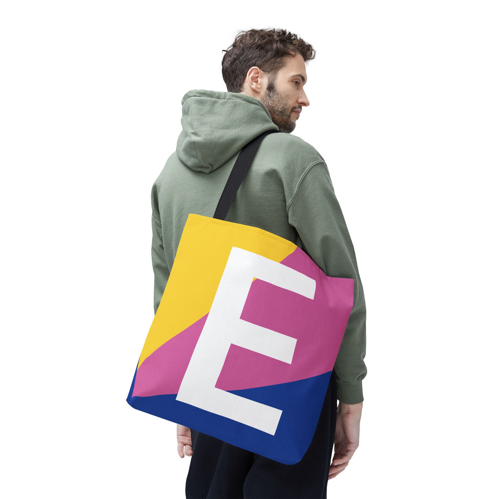 Monogram 'E' Colorblock Tote Bag — Personalized Initial E Shoulder Tote