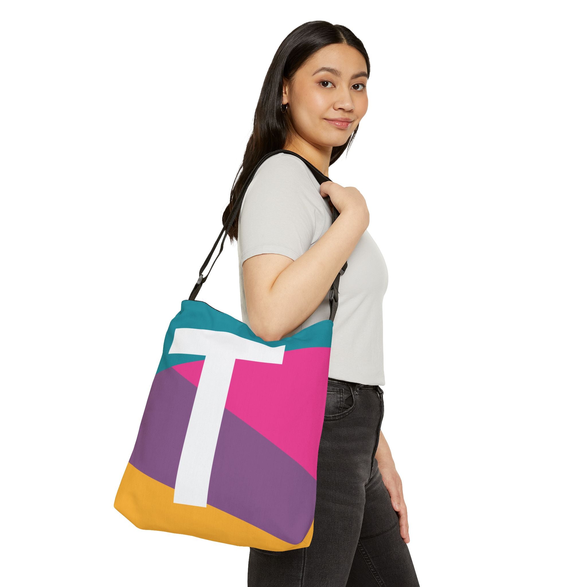 Initial Letter 'T' Colorblock Adjustable Tote Bag — Monogram Alphabet Shoulder Bag