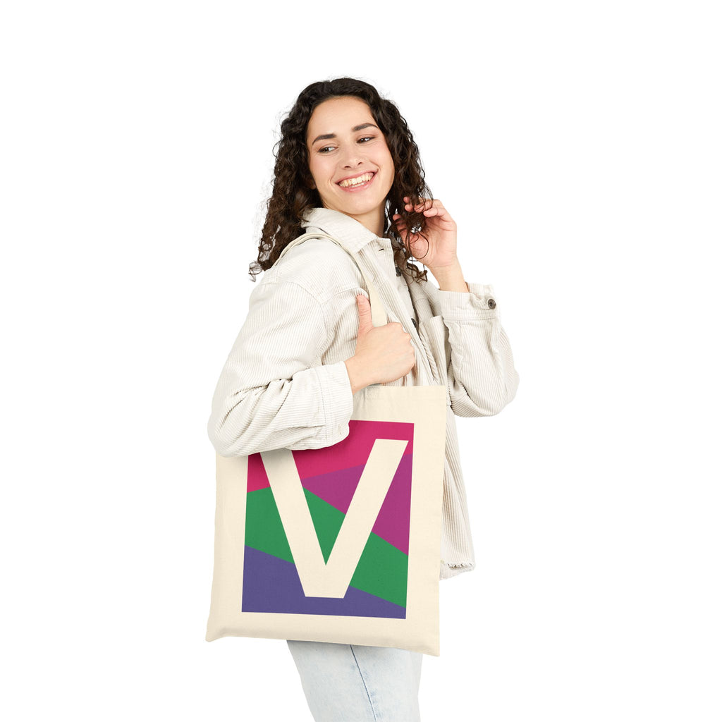 Initial V Colorblock Canvas Tote Bag — Monogram Letter V Reusable Grocery Tote
