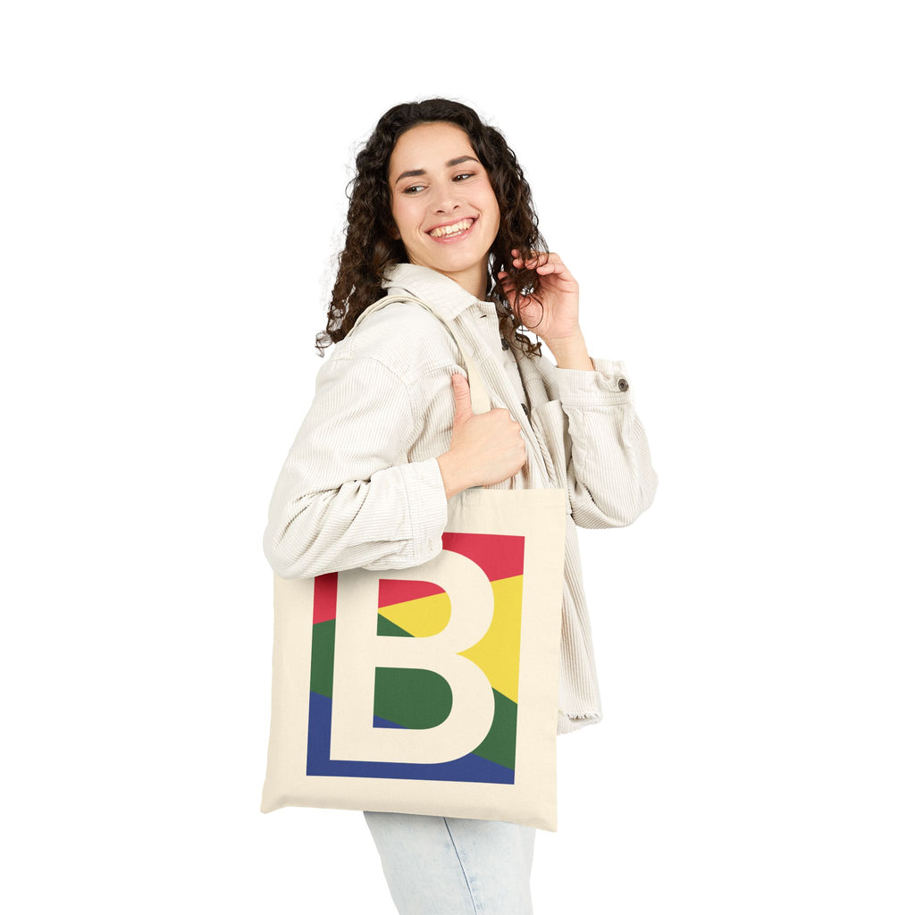 Initial B Colorblock Canvas Tote Bag — Monogram Letter B Reusable Grocery Tote