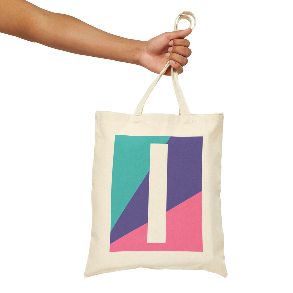 Initial I Colorblock Canvas Tote Bag — Monogram Letter I Reusable Grocery Tote