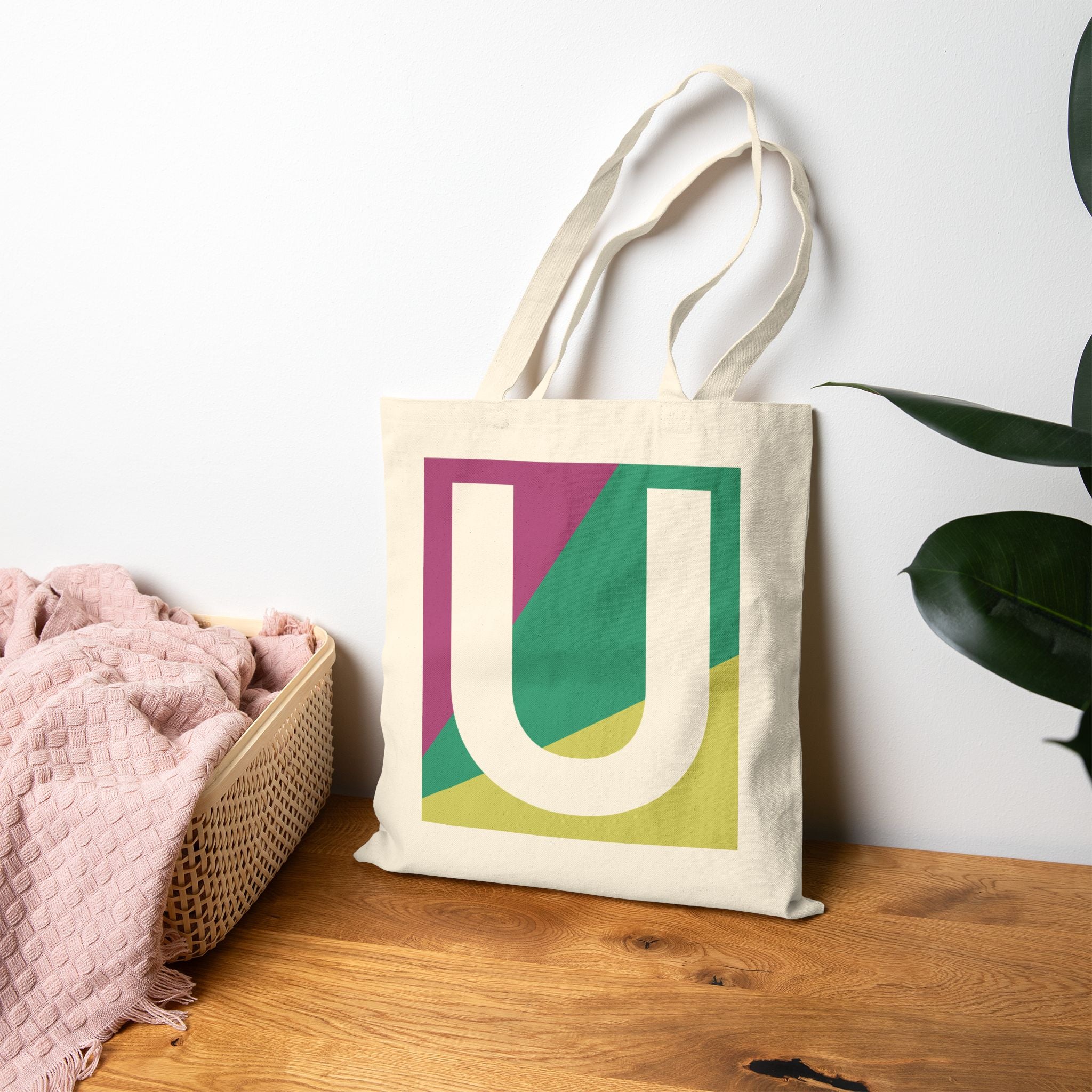 Initial U Colorblock Canvas Tote Bag — Monogram Letter U Reusable Grocery Tote