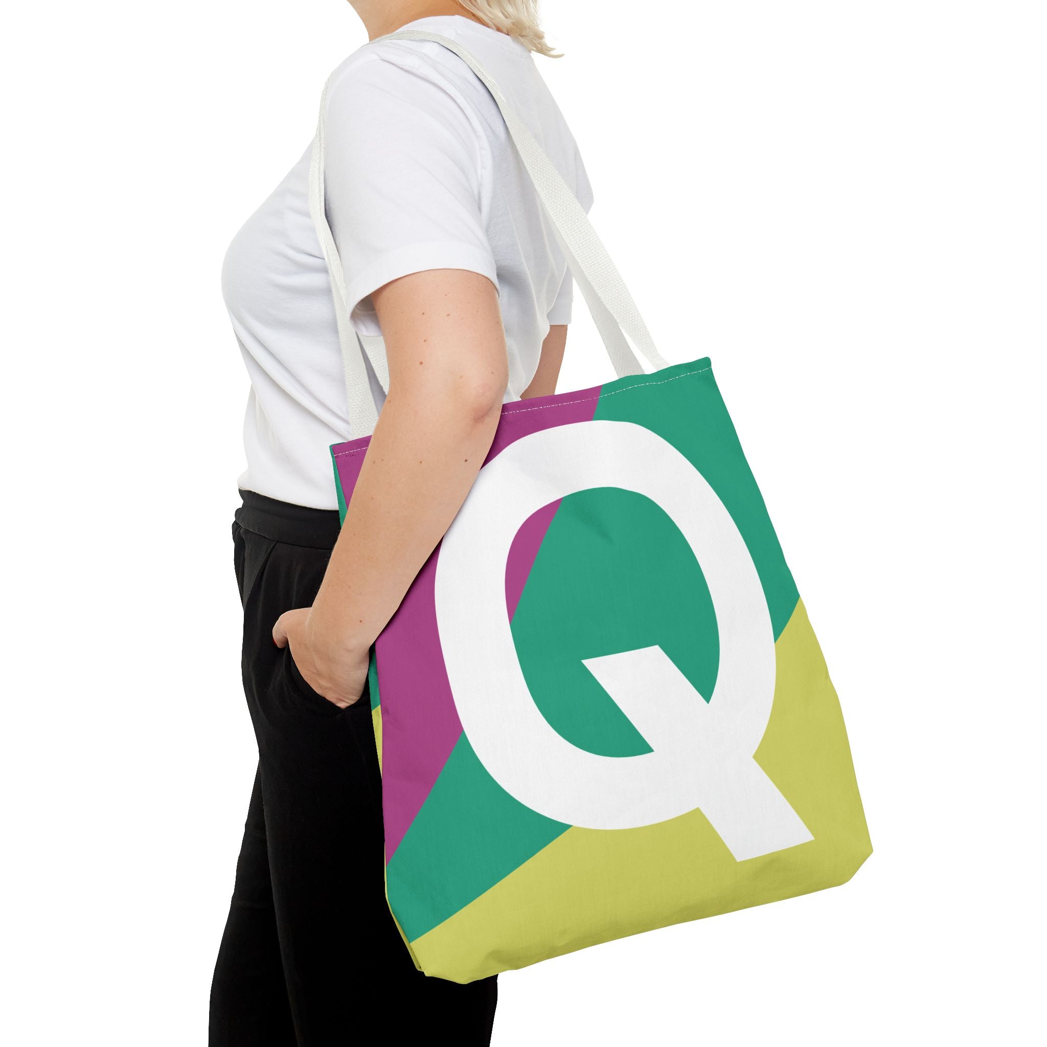 Monogram 'Q' Colorblock Tote Bag — Personalized Initial Q Shoulder Tote