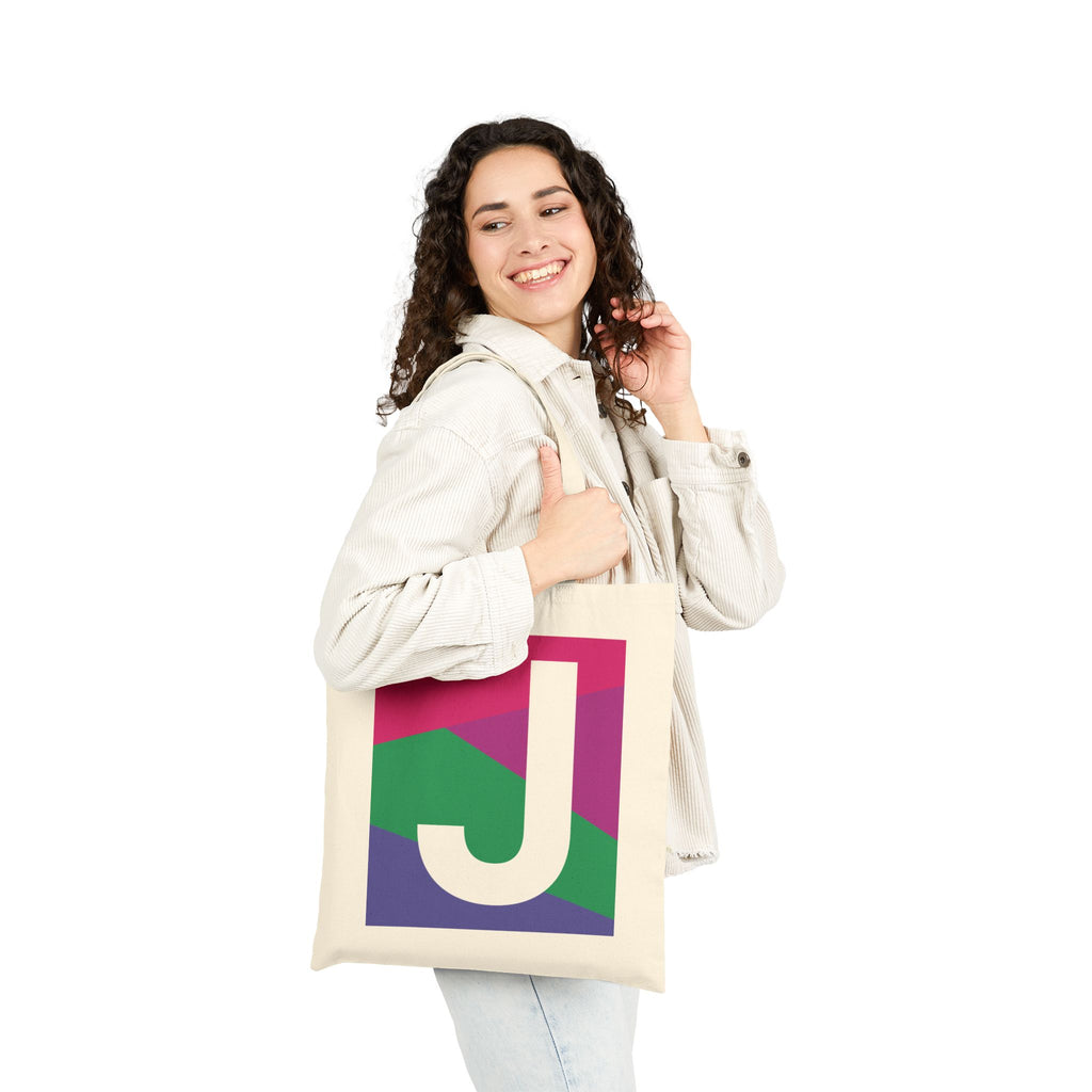 Initial J Colorblock Canvas Tote Bag — Monogram Letter J Reusable Grocery Tote