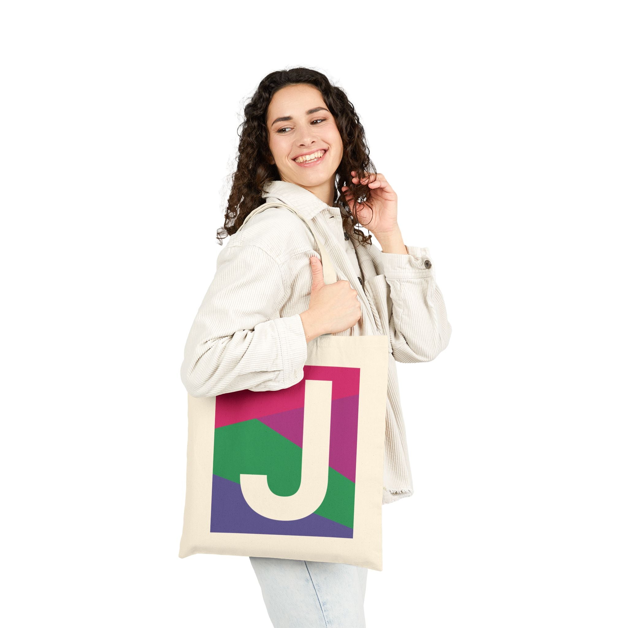 Initial J Colorblock Canvas Tote Bag — Monogram Letter J Reusable Grocery Tote