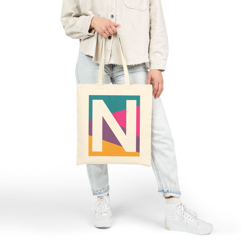 Initial N Colorblock Canvas Tote Bag — Monogram Letter N Reusable Grocery Tote